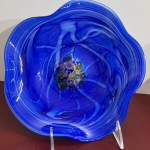 Dockyard Glassworks Hand Blown Blue Swirls Ruffled Free Form Bowl